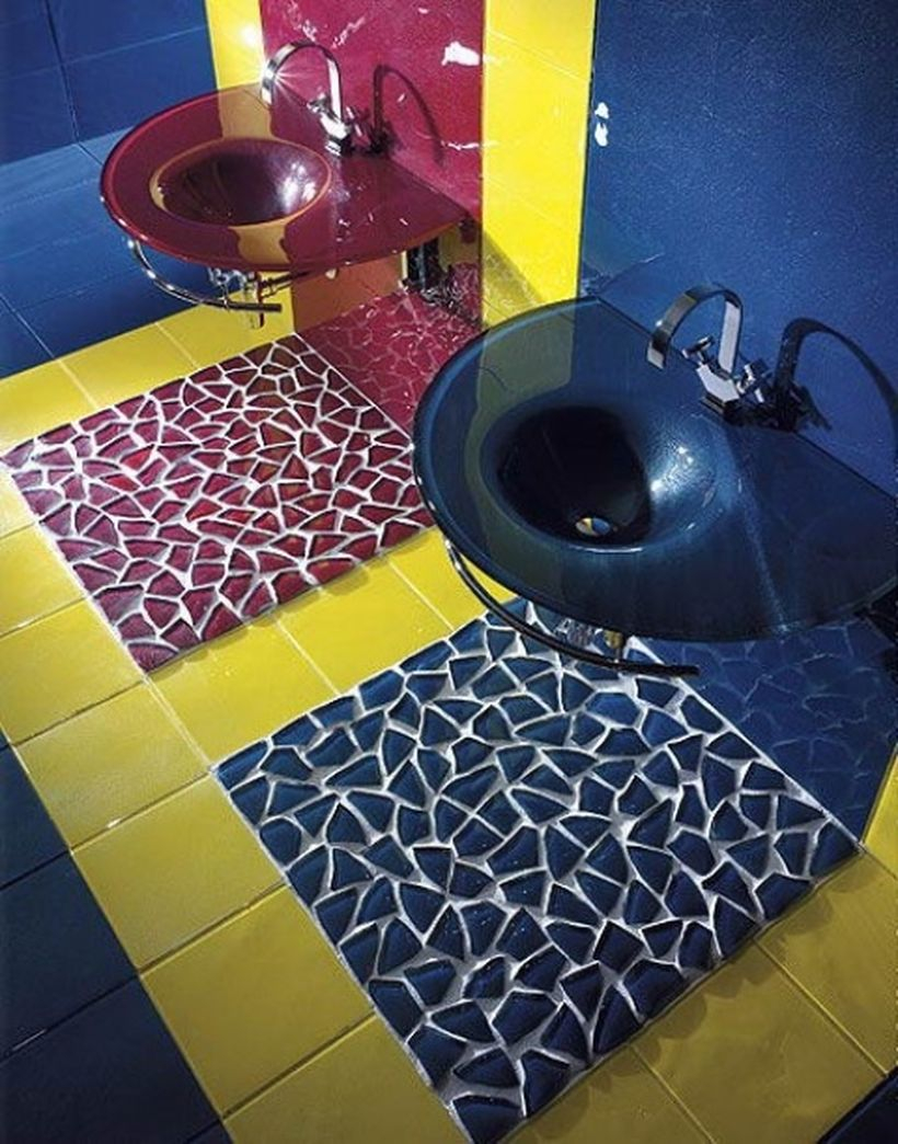 Creative multi colored tiled bathroom, red and blue sink for amazing decoration