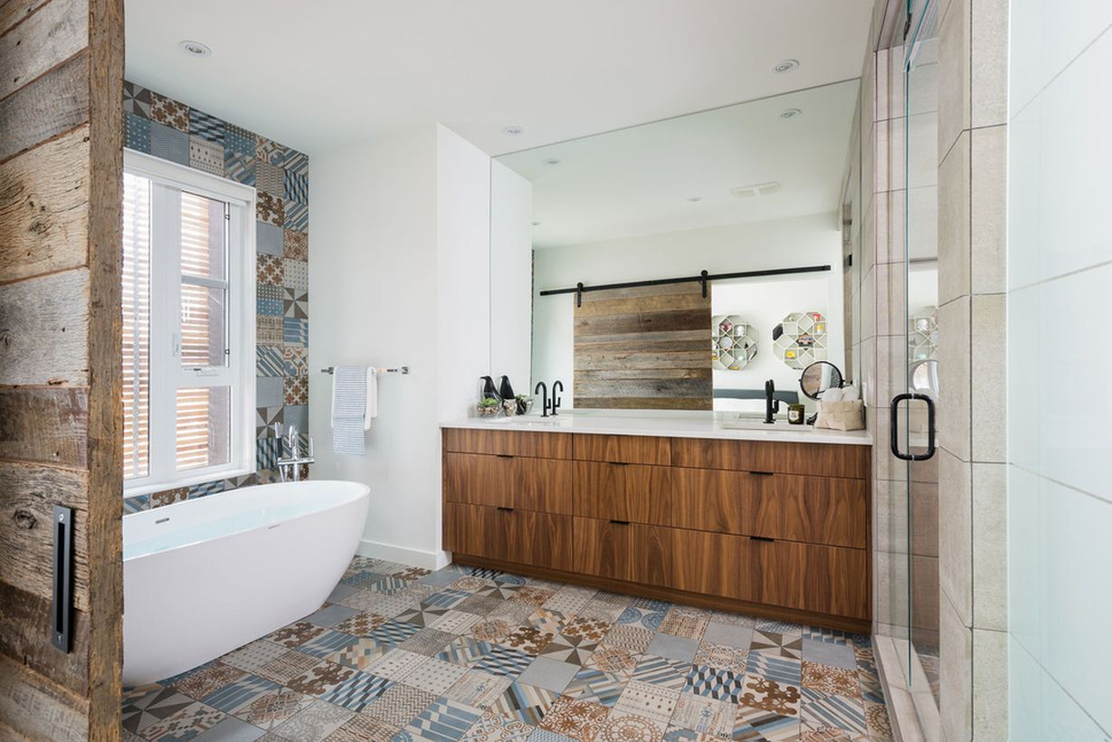 Gergoush bedroom with antique tile design, wooden cabinet and white bathup