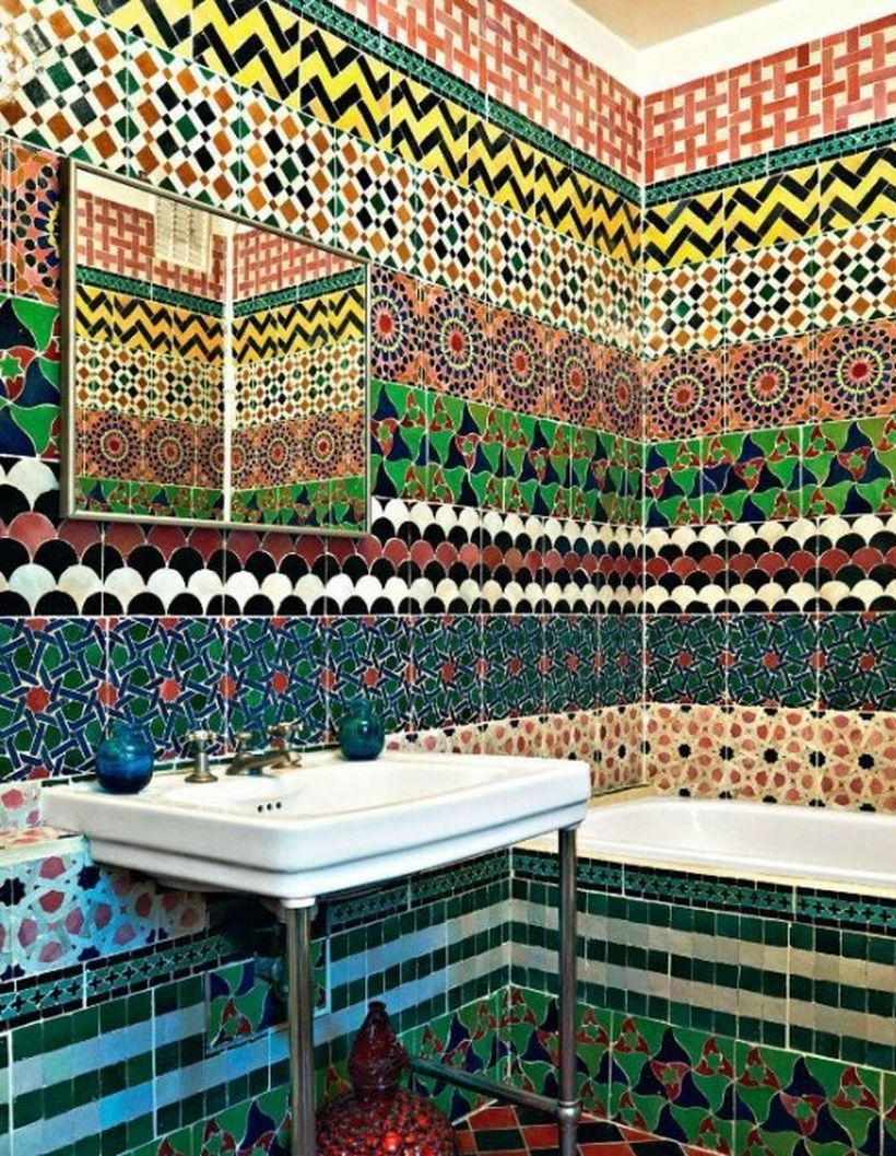 Great bathroom with artistic pattern wall and white sink for unique decoration