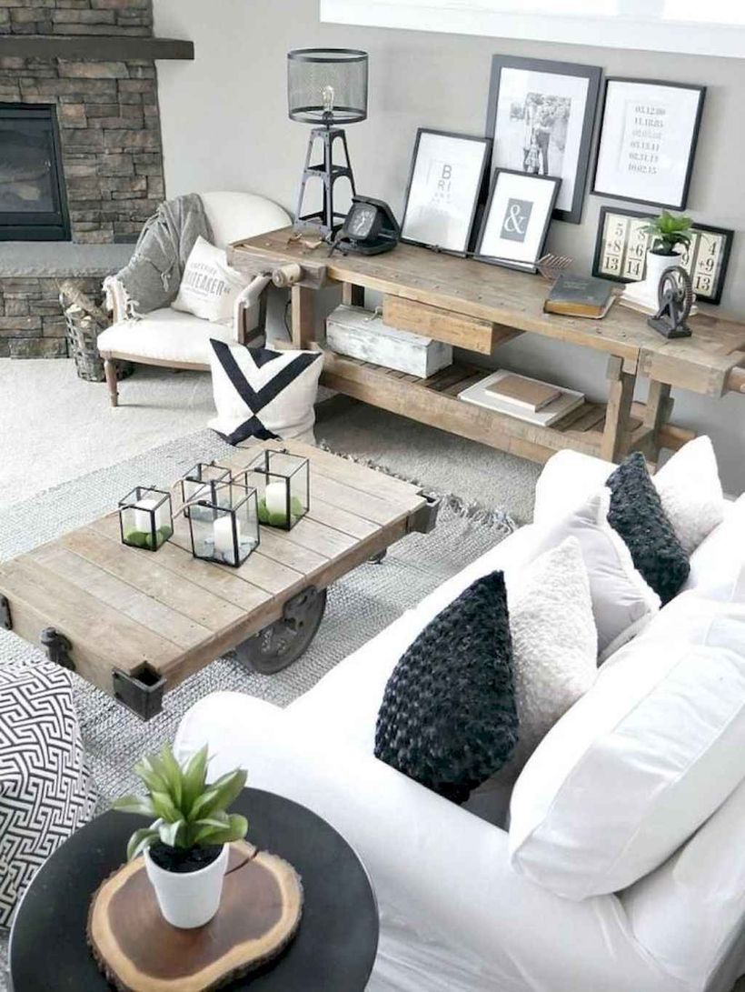 Great living room with white sofa, square wooden table, and wooden table storage to look simple