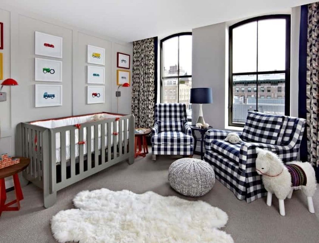 Large-nursery-for-baby-boys-with-brown-wooden-bed-plaid-sofa-for-parents-relax-while-waiting-for-the-baby-to-sleep