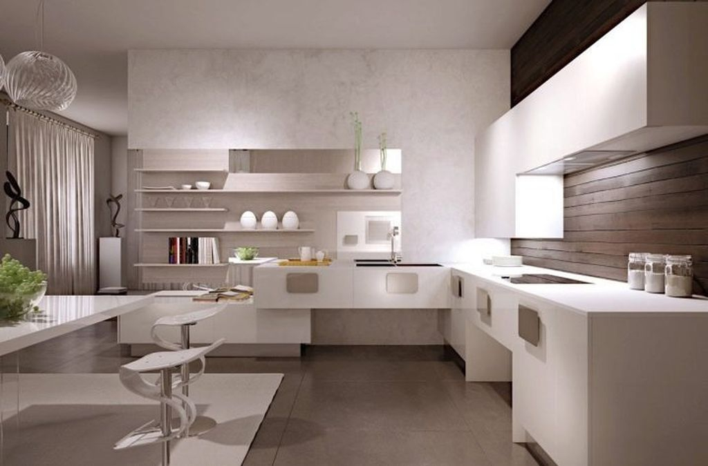 Neutral kitchen with shelf on the wall
