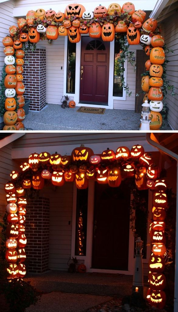 Perfect front yard decorating for halloween with tower of terrifying pumpkins to complete your spooky outdoor decoration