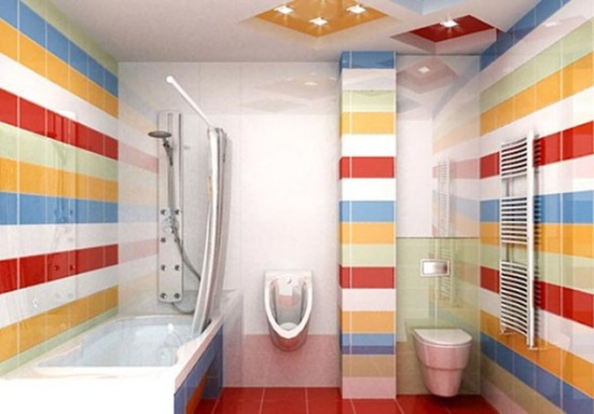 Pretty bathroom with colorful striped pattern walls to look stunning