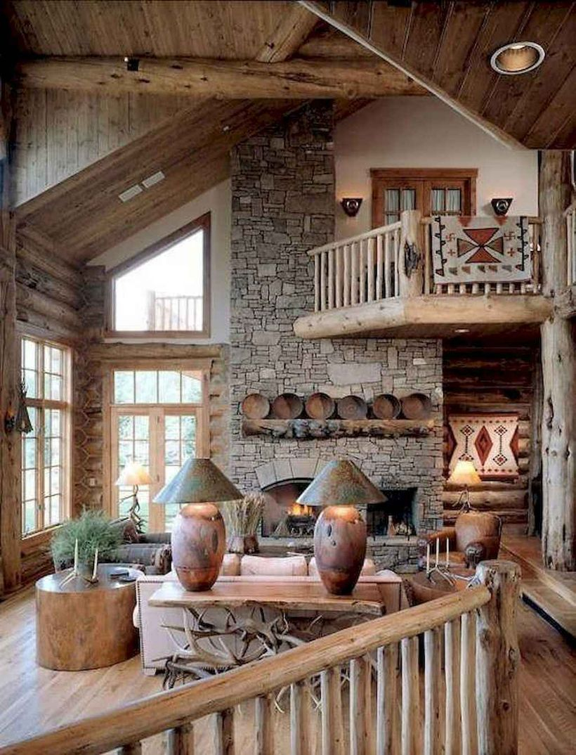 Rustic living room with modern stone wall and wooden decoration to look awesome