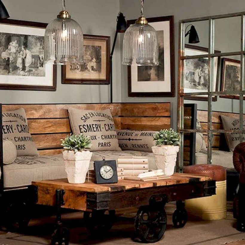 Simple living room with wooden sofa, wooden table and moden hanging lamps to look cool