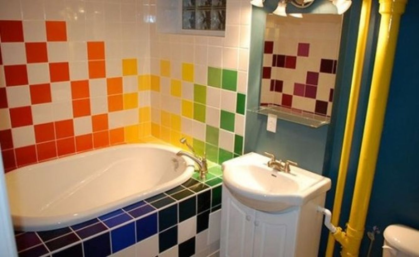Square colorful tille on the wall with white sink for amazing bathroom decoration