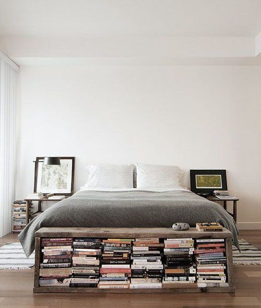 Stunning small bedroom ideas with bookshelf at the foot bed to perfect your bedroom