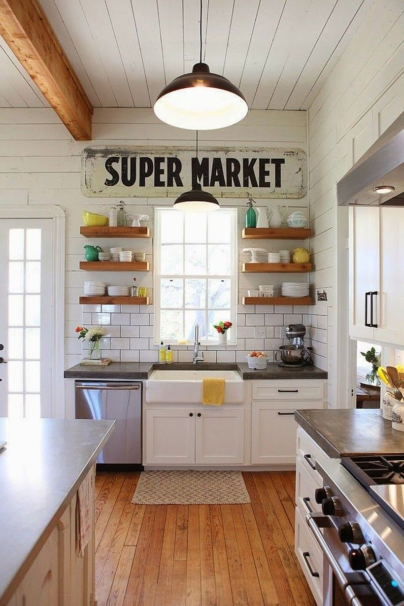 Stunning wooden kitchen flooring with white cabinet, small wooden rack on the wall to look good