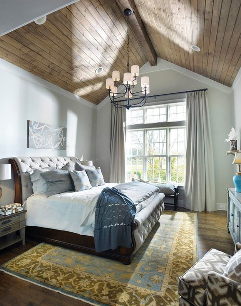 Wonderful bedroom with wooden bedstead, white bed, and sky of wooden for good looking