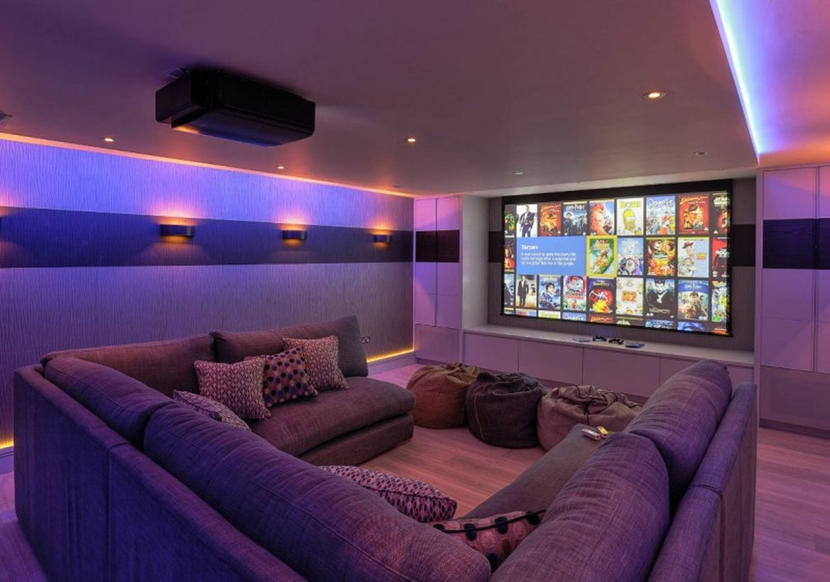 Basement for watching movies and combined with a u-shaped sofa