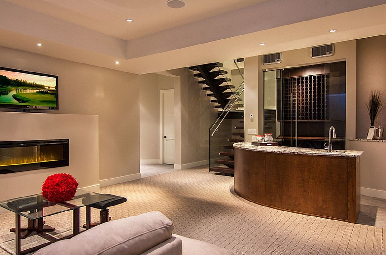Basement with bar, white sofa and white wool carpet