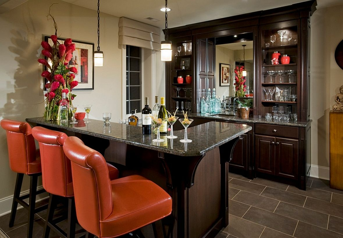 Basement with black bar and orange sofa