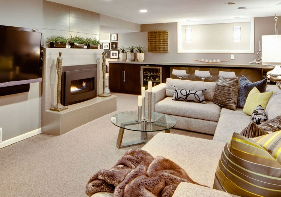 Basement with white liwing room and bar decoration