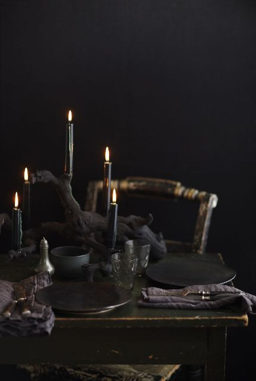 Halloween black wood and black candle centerpiece