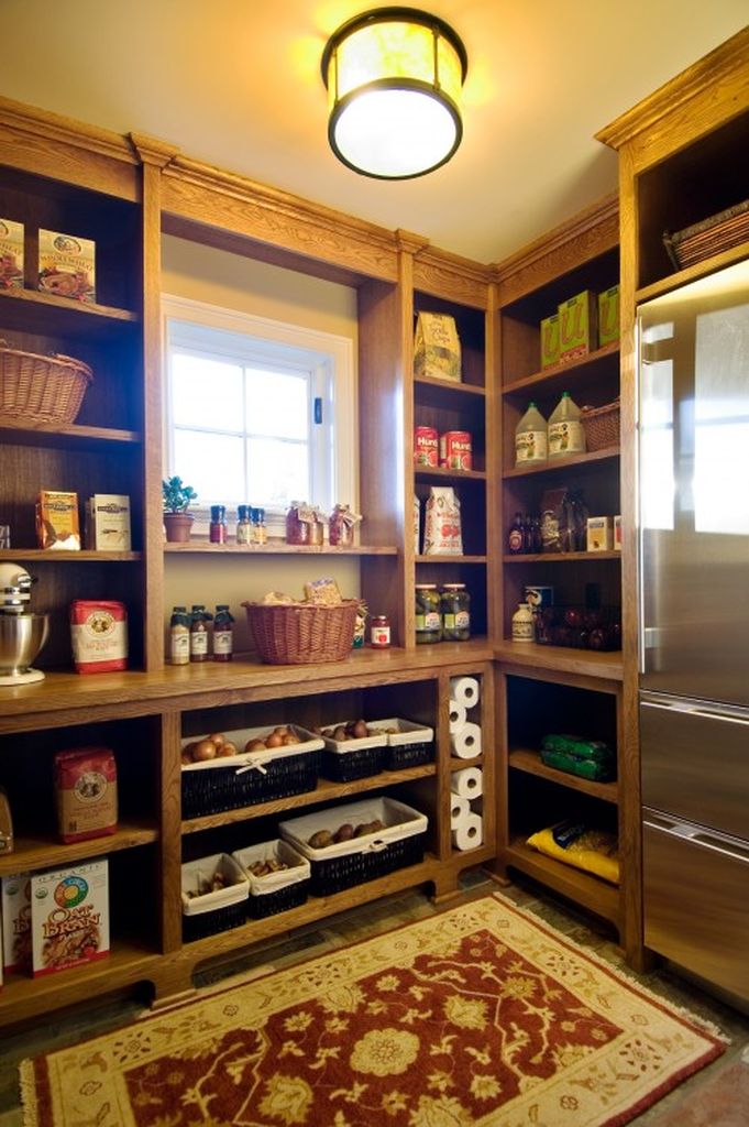 Kitchen pantry design with wooden shelves