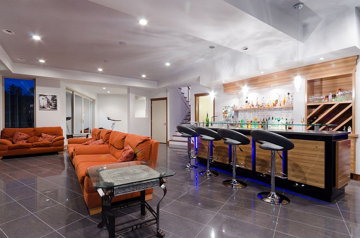 Modern basement with bar and living room