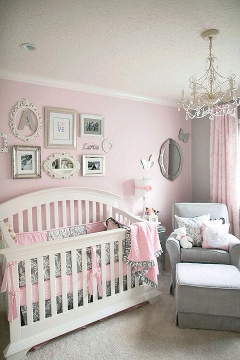 Pink-and-gray-baby-girl-nursey-room-ideas-with-wooden-white-baby-bed-and-photo-gallery-small-butterfly-as-wall-decoration-your-room