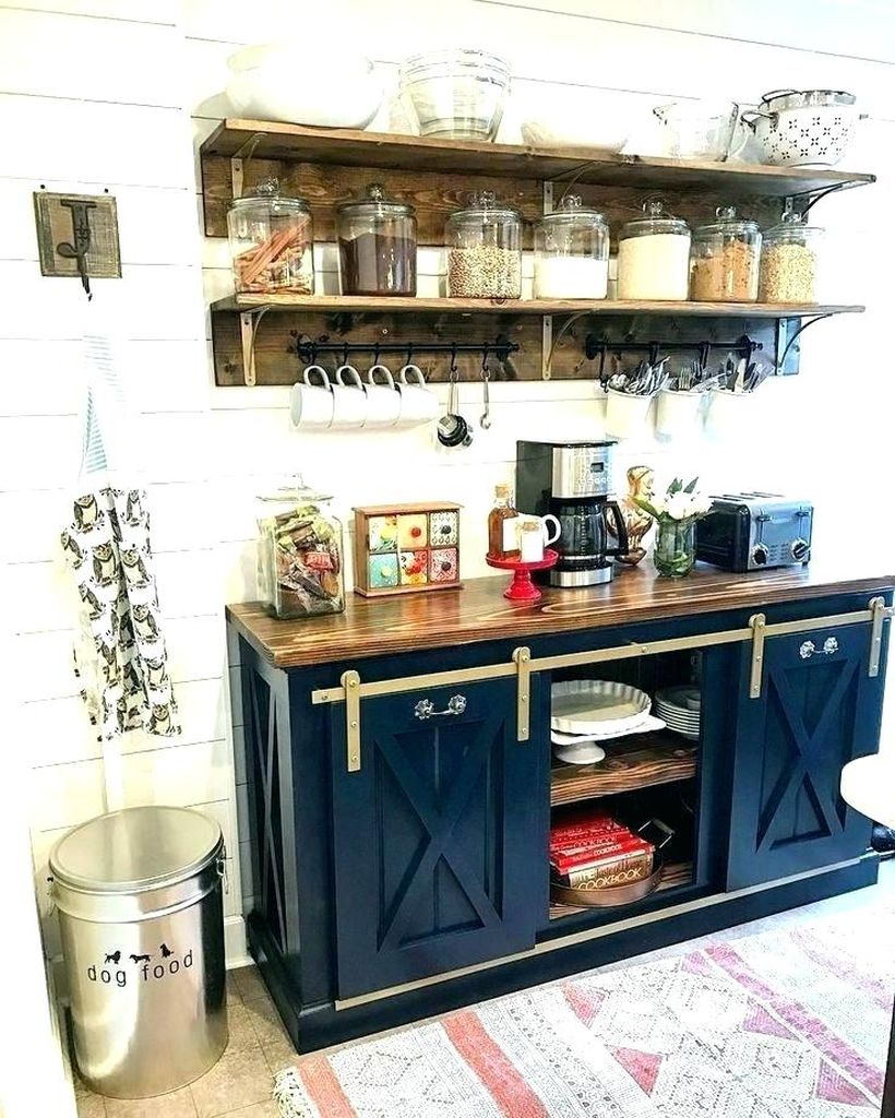 Blue wooden coffee bar with simple storage and old wooden shelves that look good for your home