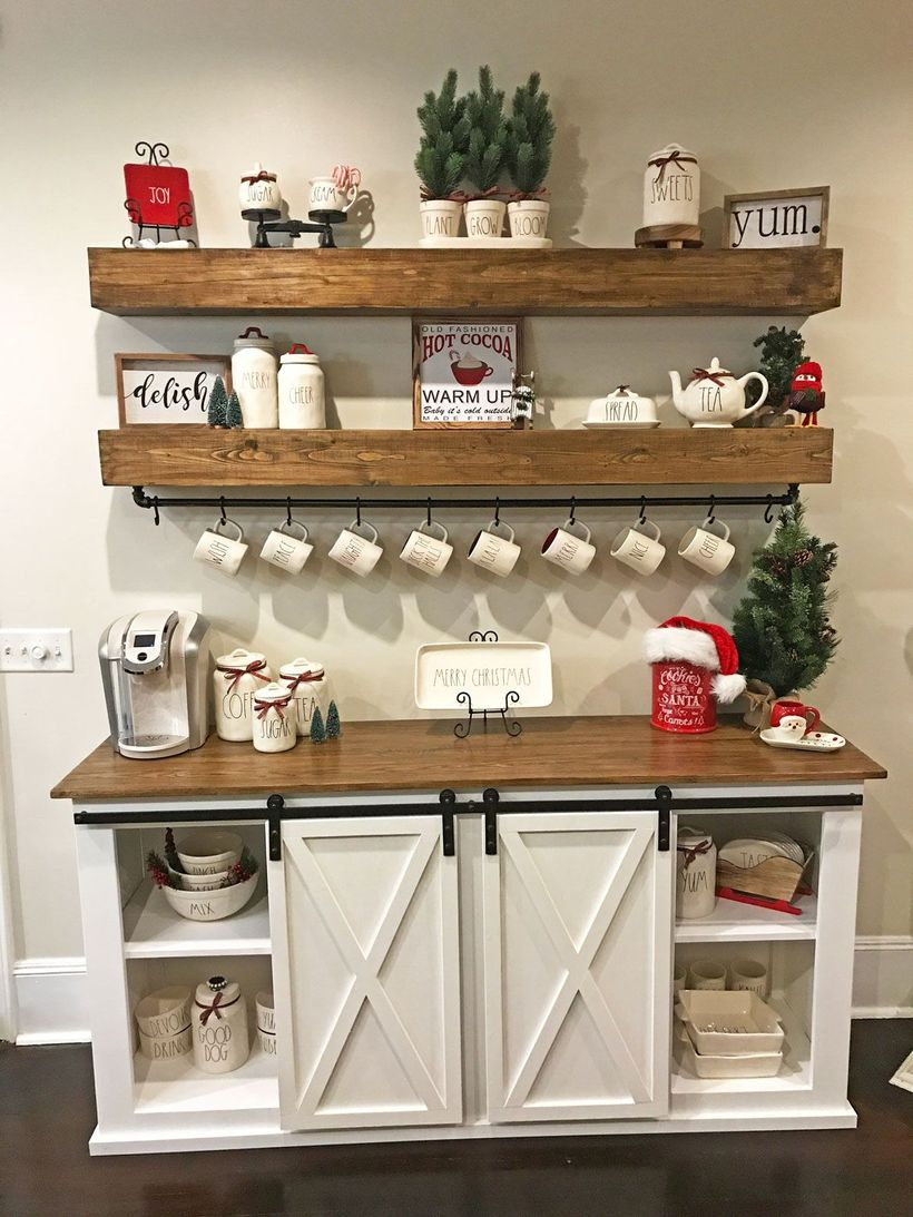 Coffee bar design uses white painted wood combined with large wooden shelves that look simple