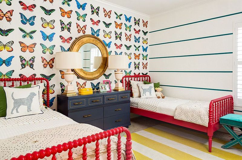 Colorful-butterfly-and-two-red-beds-for-kids-room.
