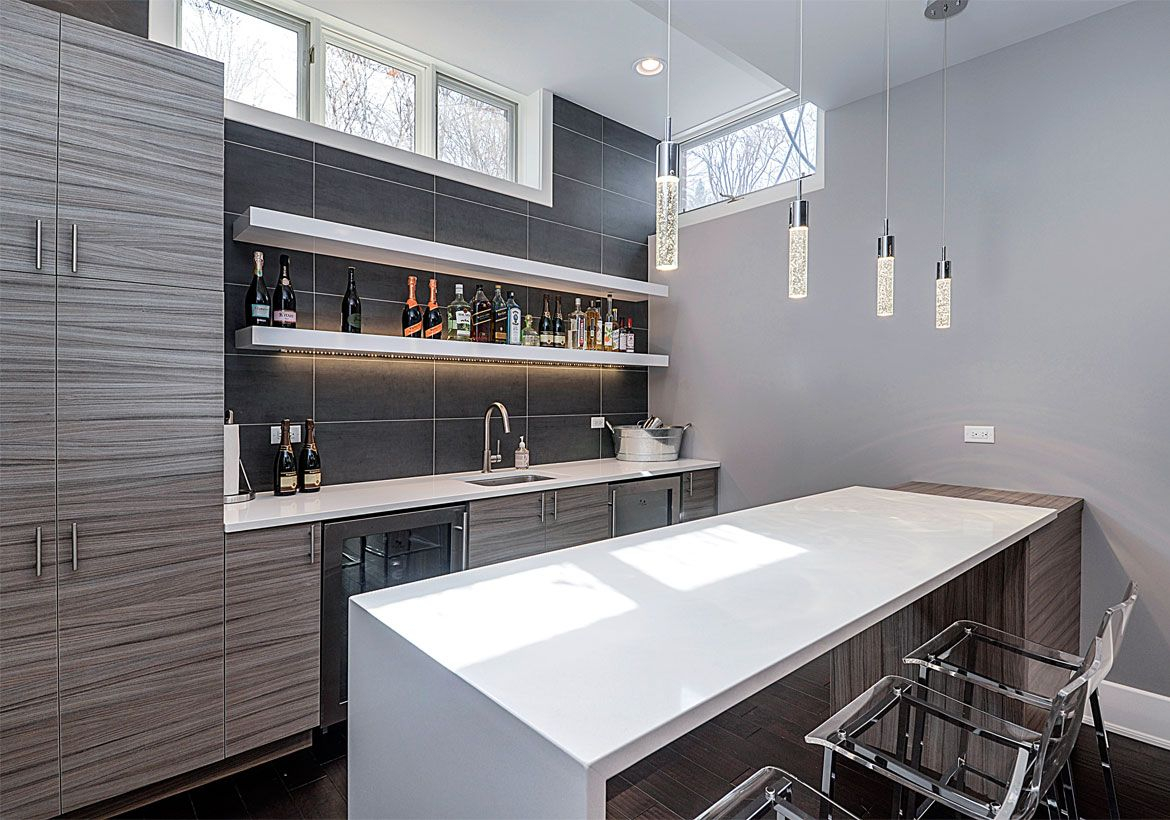 Gray coffee bar combined with cabinet, white island table and modern iron furniture