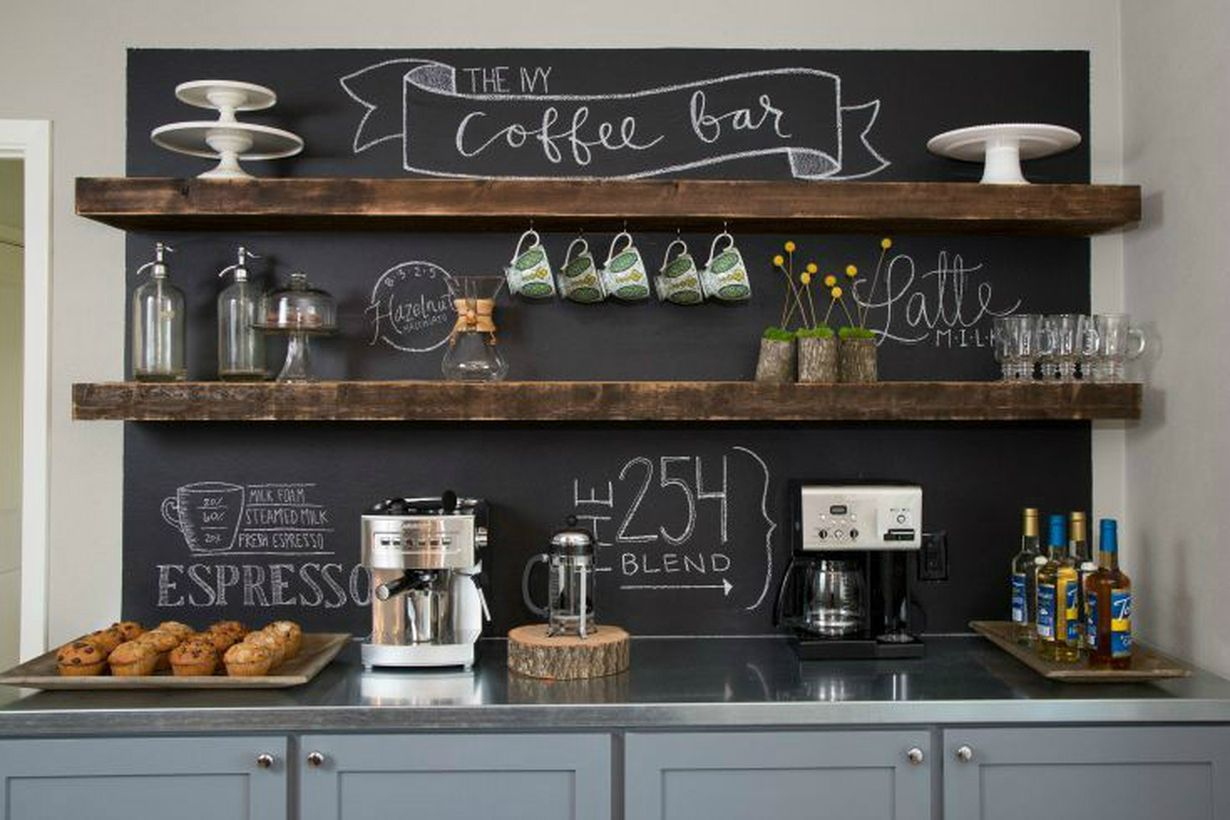 Gray coffee bar design combined with wooden shelves, black boards that look mesmerizing