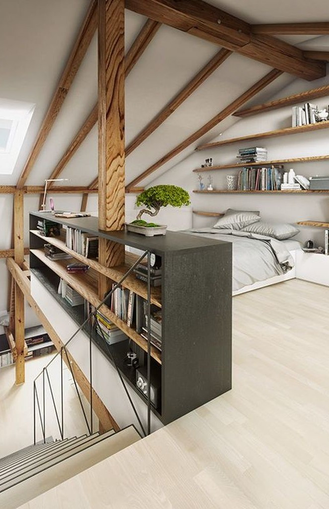Grey loft bedroom with shelves on the wall