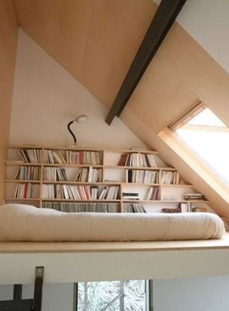 Small loft bedroom combined with bookshelf