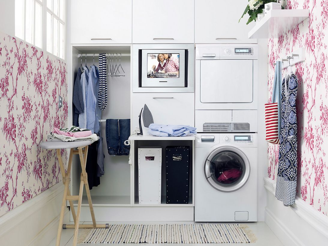 White laundry room ideas with ping flowers painting in the white wall