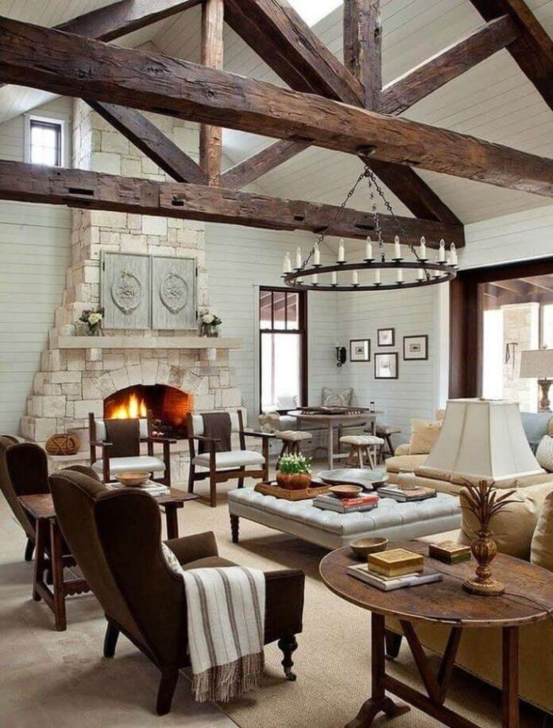 White stone fireplace for farmhouse living room