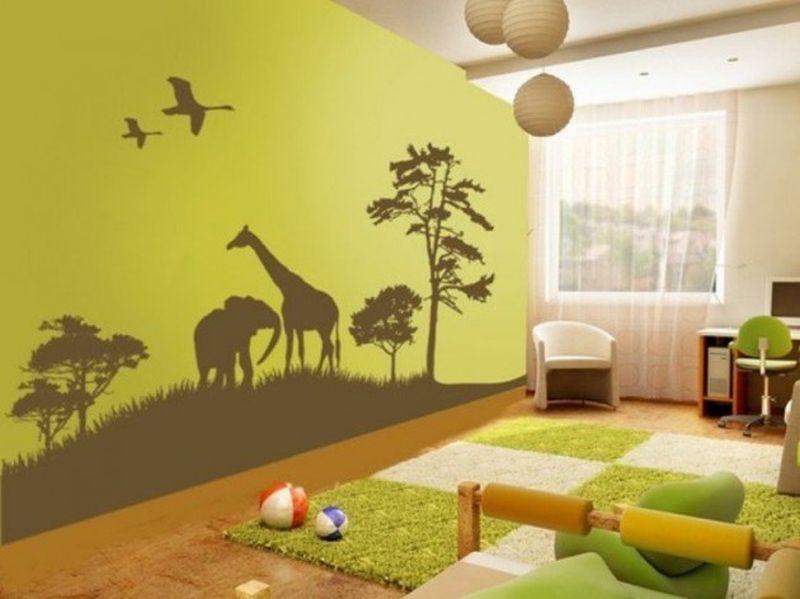 Whites-and-light-green-theme-natural-and-animal-mural-for-your-kids-room.