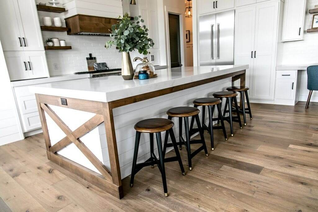 Wooden floor combined with white cabinets