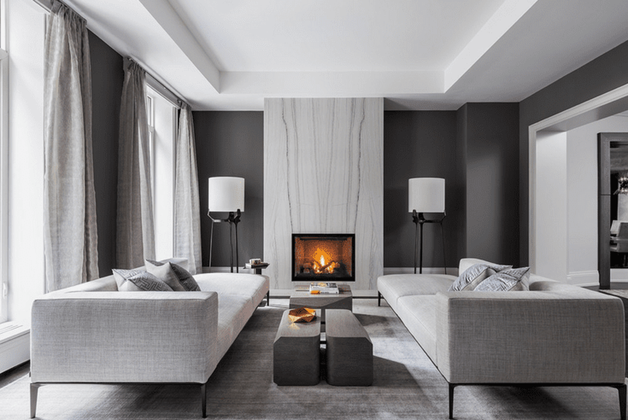 Monochrome-living-room-design-with-light-gray-sofa-large-unique-coffee-table-and-firepit-in-your-home-to-warm-this-season