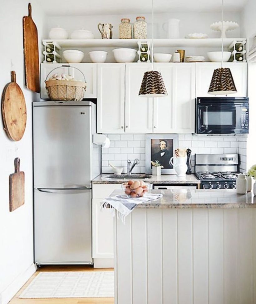 Small-white-kitchen-with-white-kitchen-cabinet-and-wooden-light-blue-kitchen-island-for-your-needs-in-the-kitchen