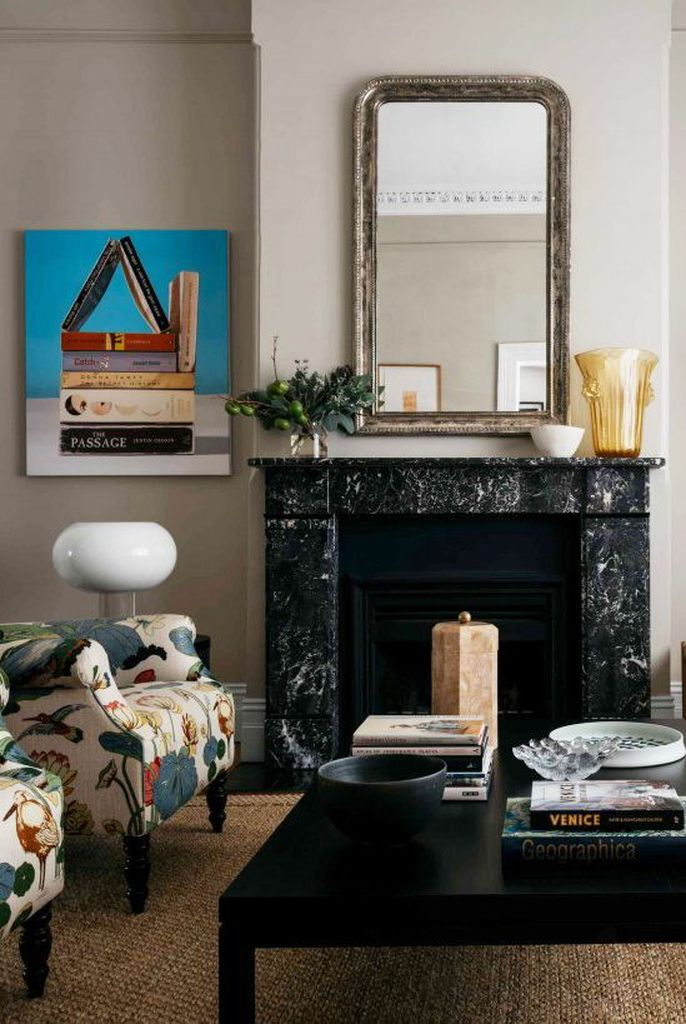 A black marble fireplace