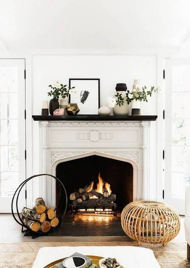 Black and white fireplace with plants decoration
