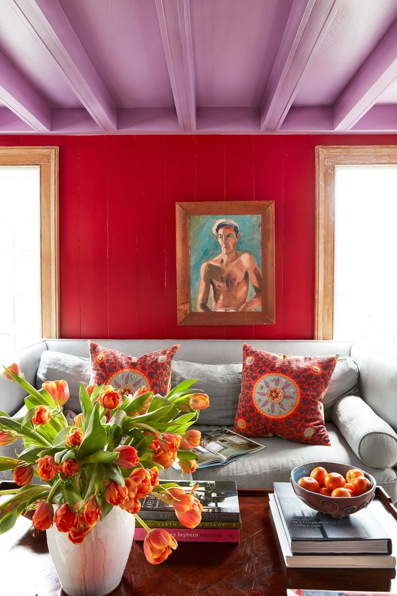 Classic red pattern with gray sofa and orange flowers