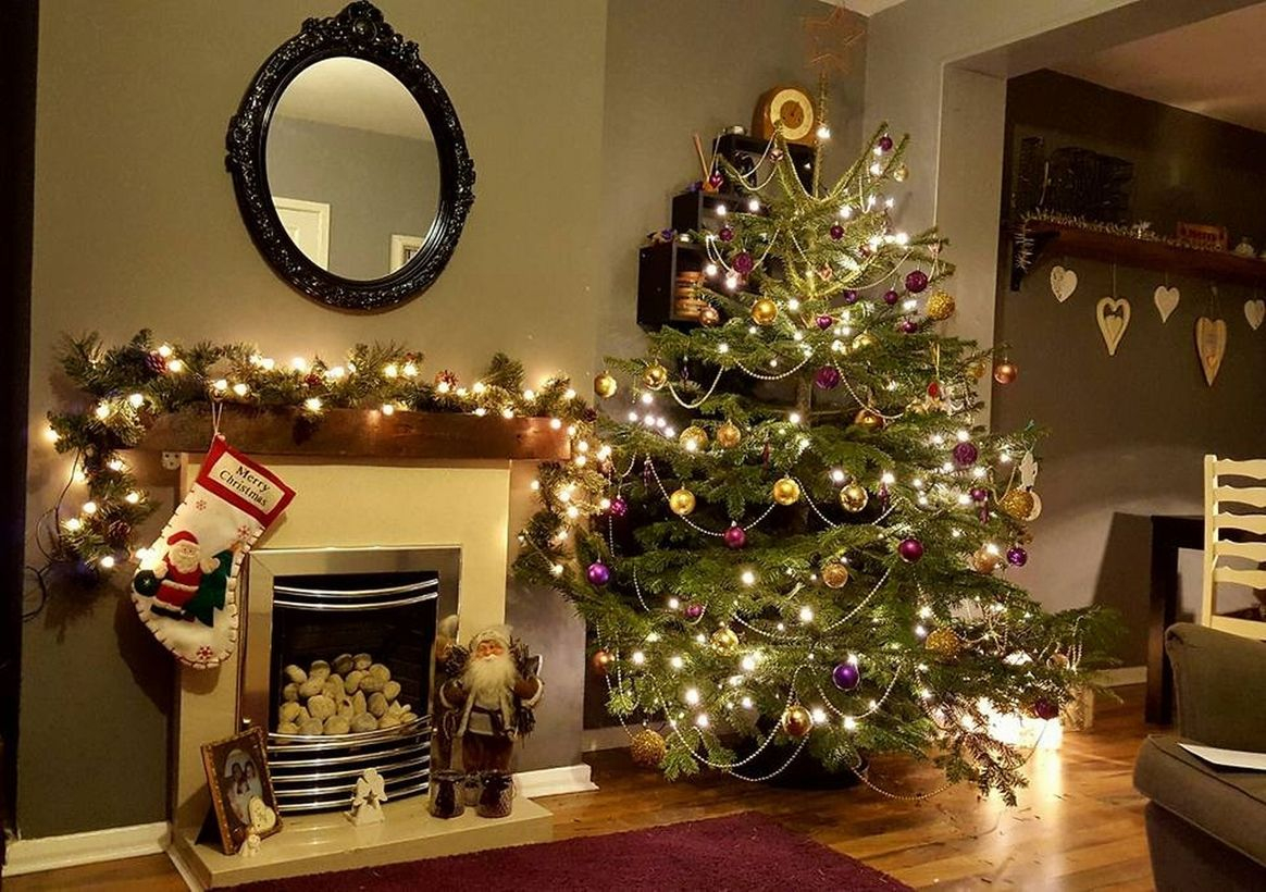 Green chrismast tree with purple and yellow ornament