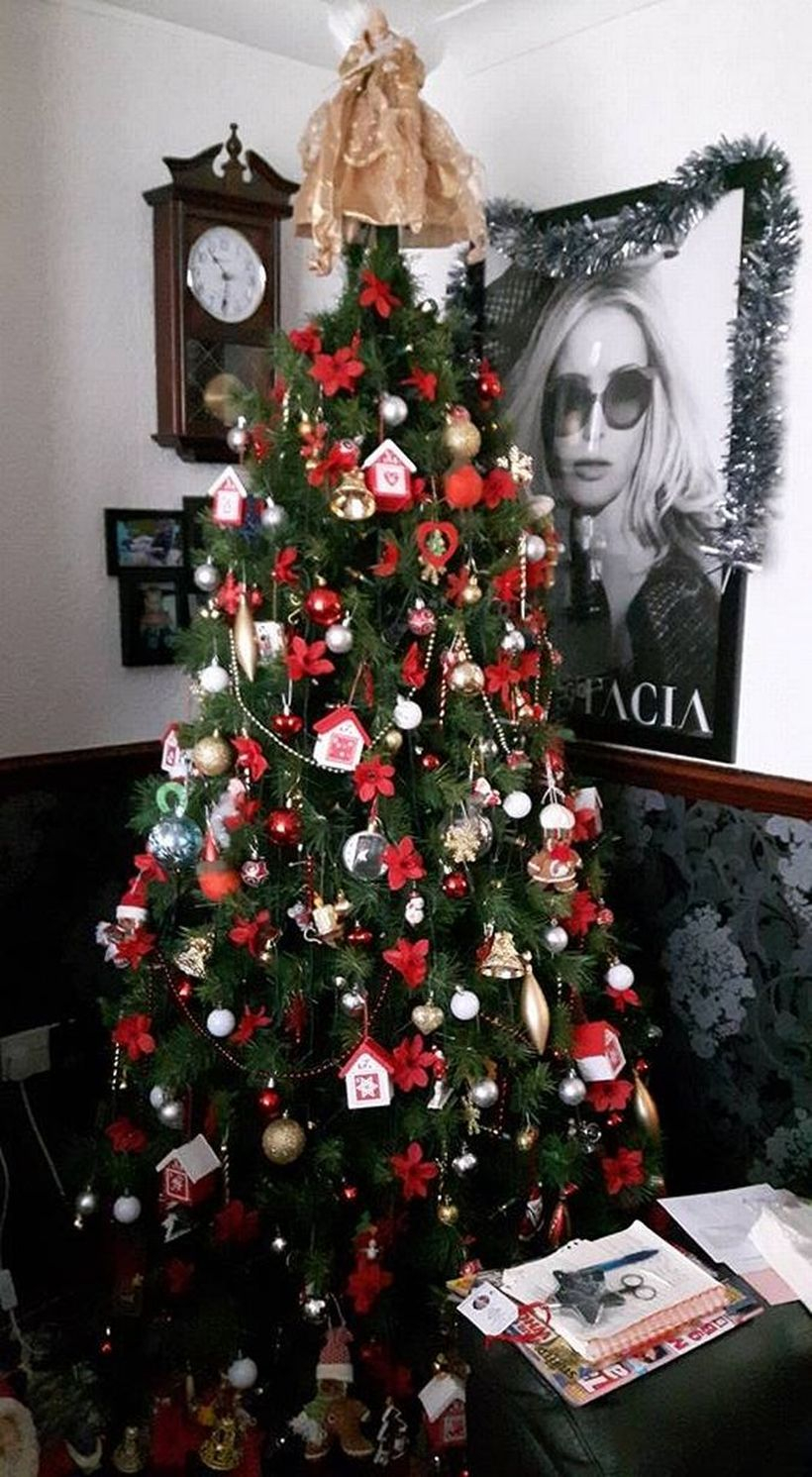 Green chrismast tree with red flowers ornament and small ornament
