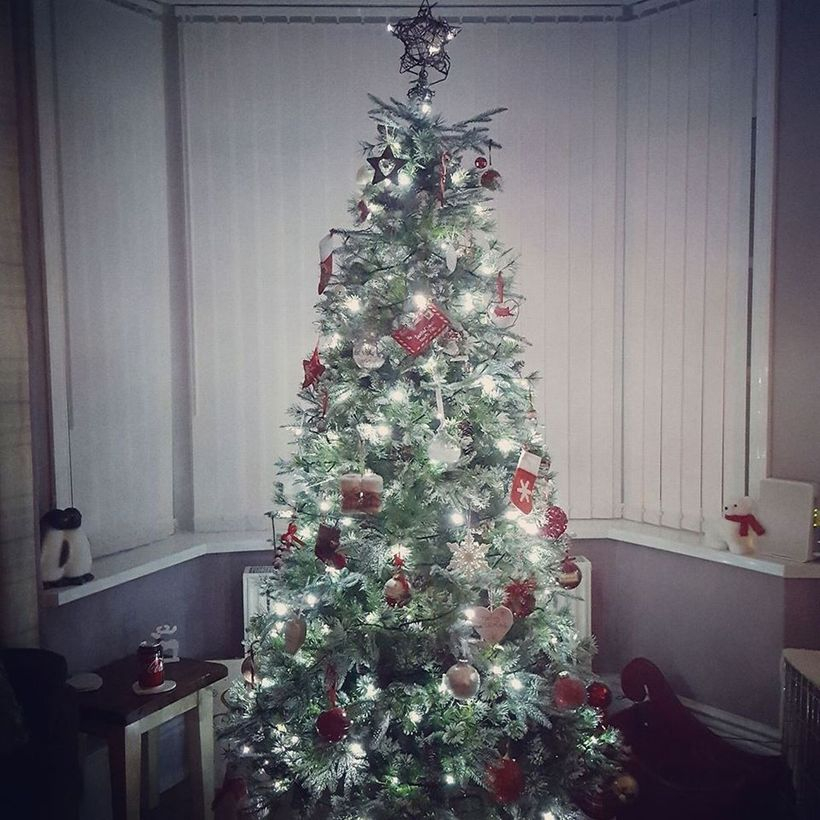 Green chrismast tree with white light and red ornament
