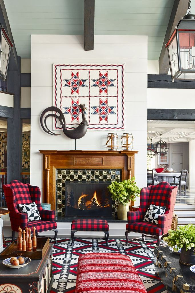 Modern living room design with wooden table and plaid chairs in black and red to make more a beautiful living room decoration