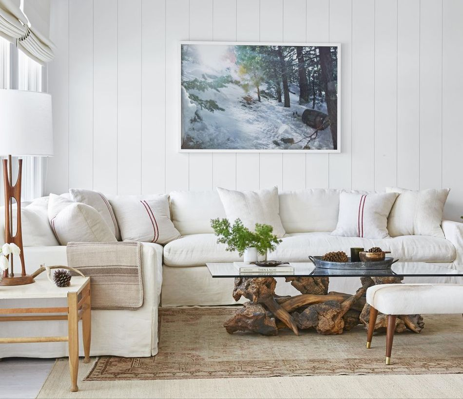 Red line motif in white cushion with white sofa