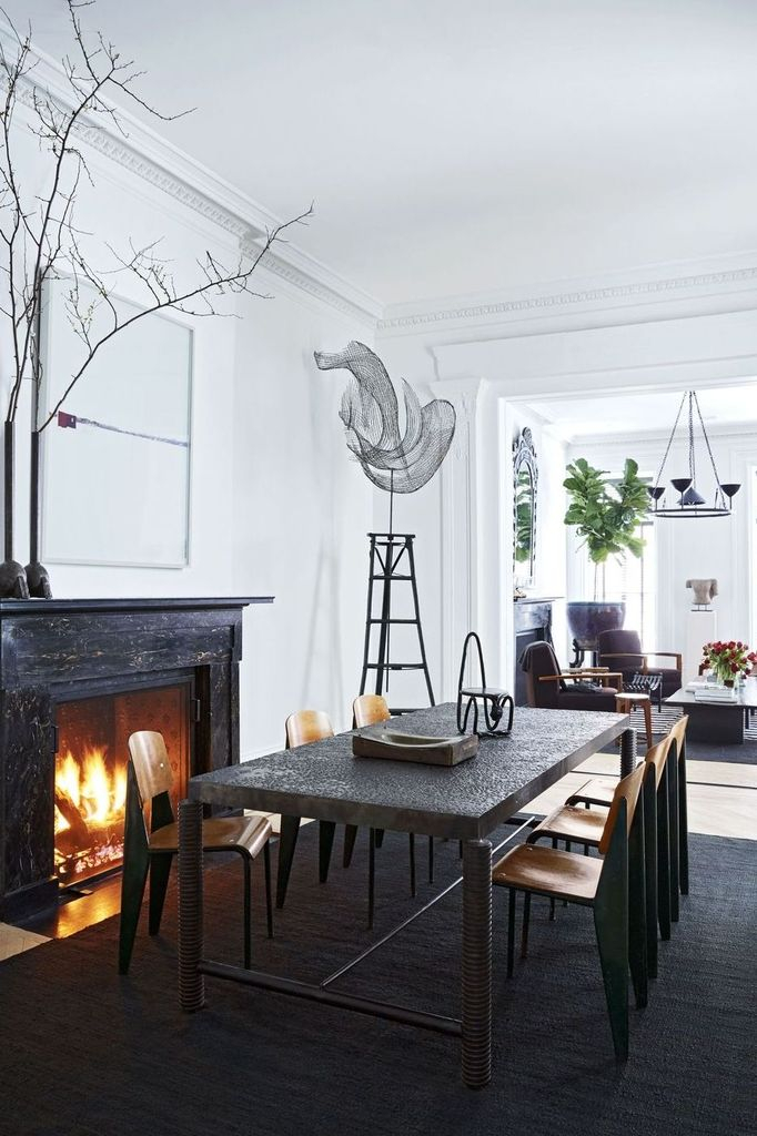 Rustic dining room design with fireplace