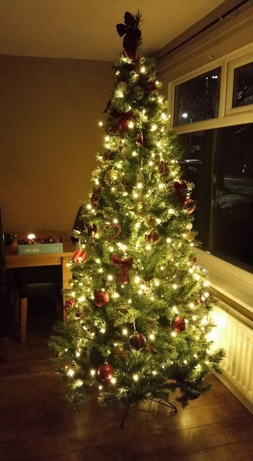 Tall chrismast tree with white light and red ornament