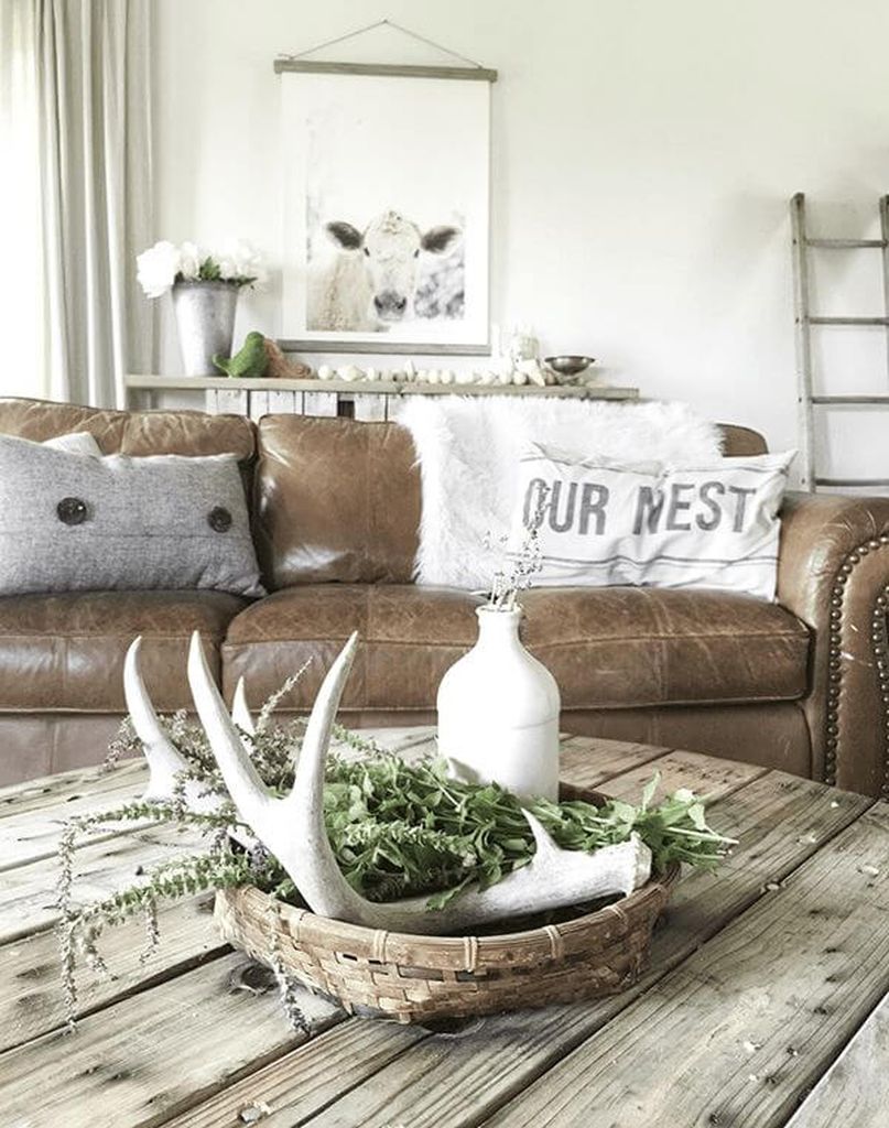 Traditional-farmhouse-living-room-with-deer-antler-decoration-to-beautify-your-living-room
