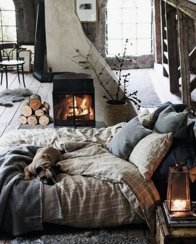 Winter bedroom with small fireplace