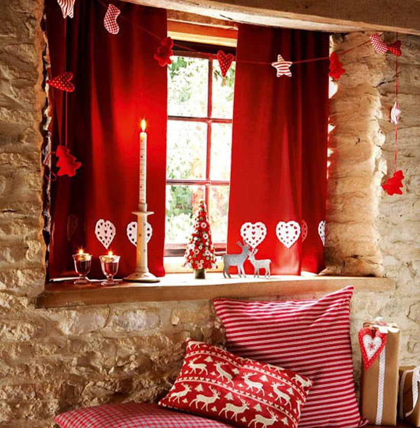 Christmas window with red and white small ornament