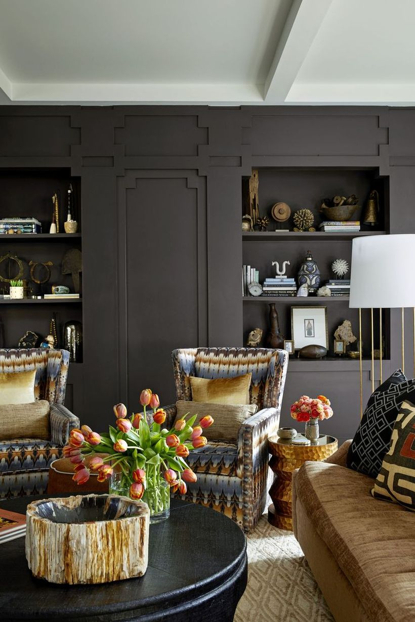 Gray and brown color cushion in the pattern sofa