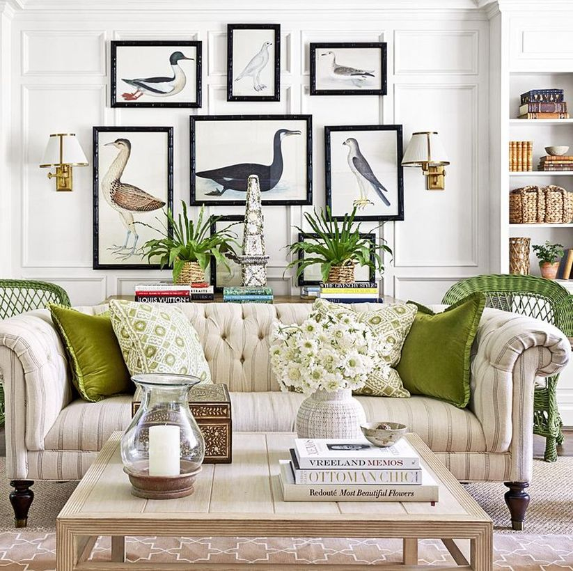 Green and white pattern cushion with stripped sofa and wooden table